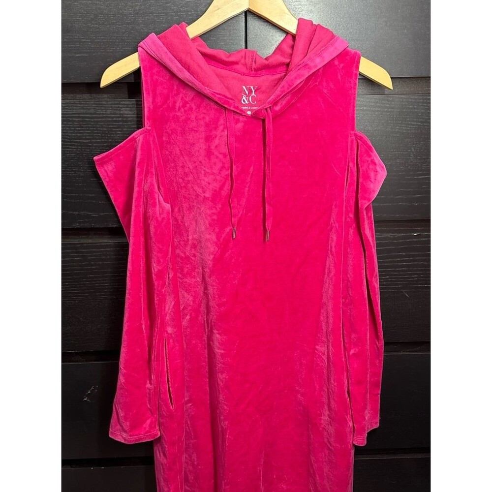 NWT NY&CO Hot Pink Velour Hoodie Dress Tunic Cold Sholder Long Sleeve w/Pockets